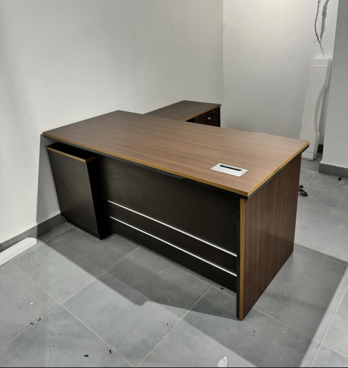 L-Shape Desk - Walnut & Black with Chrome Trim