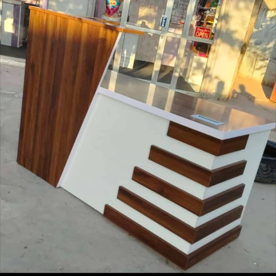 Reception Counter - White & Walnut Stepped Accent