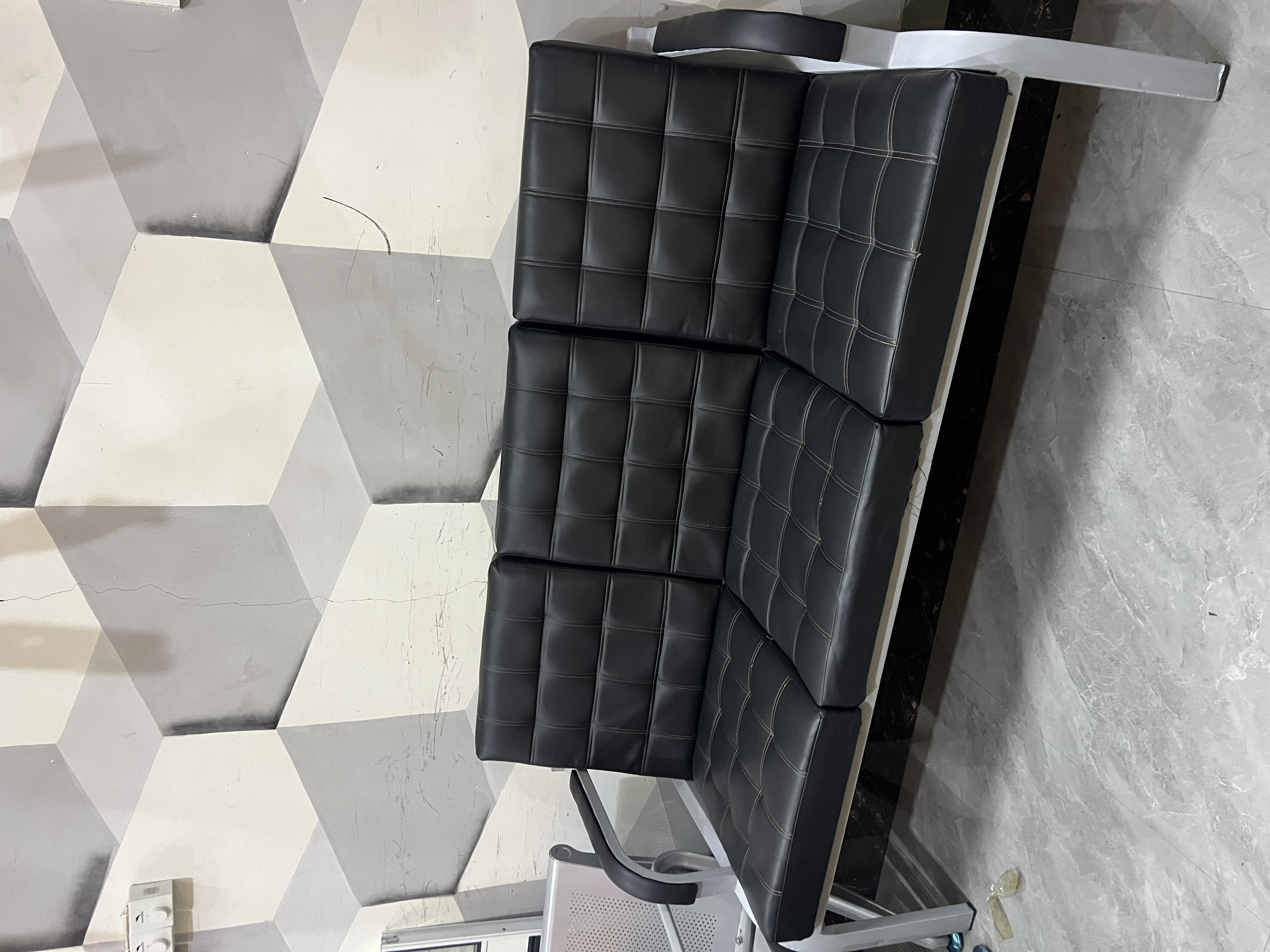 3-Seater Waiting Bench - Black Leather & Chrome