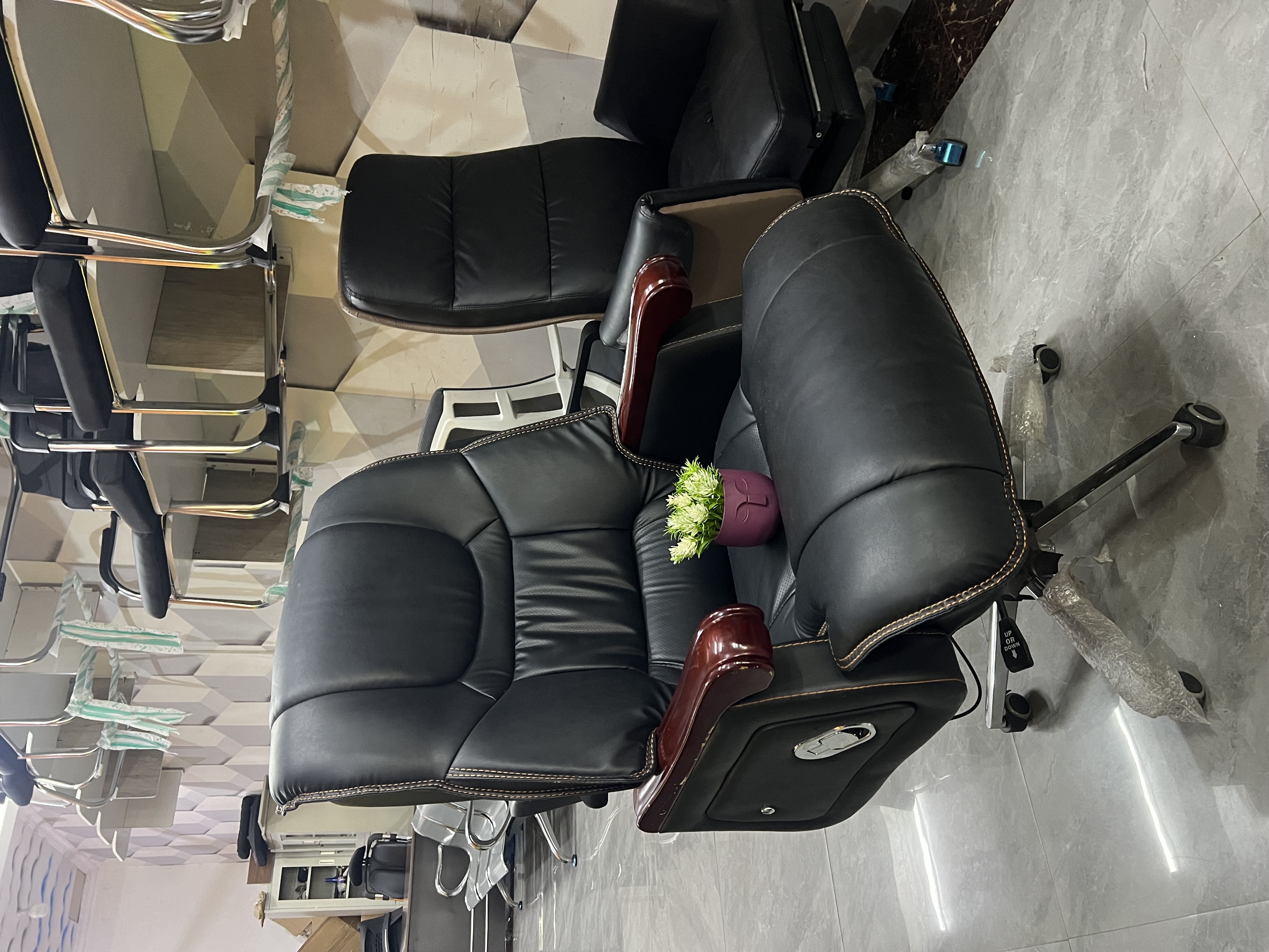 Executive Reclining Chair - Black Leather & Wooden Arms