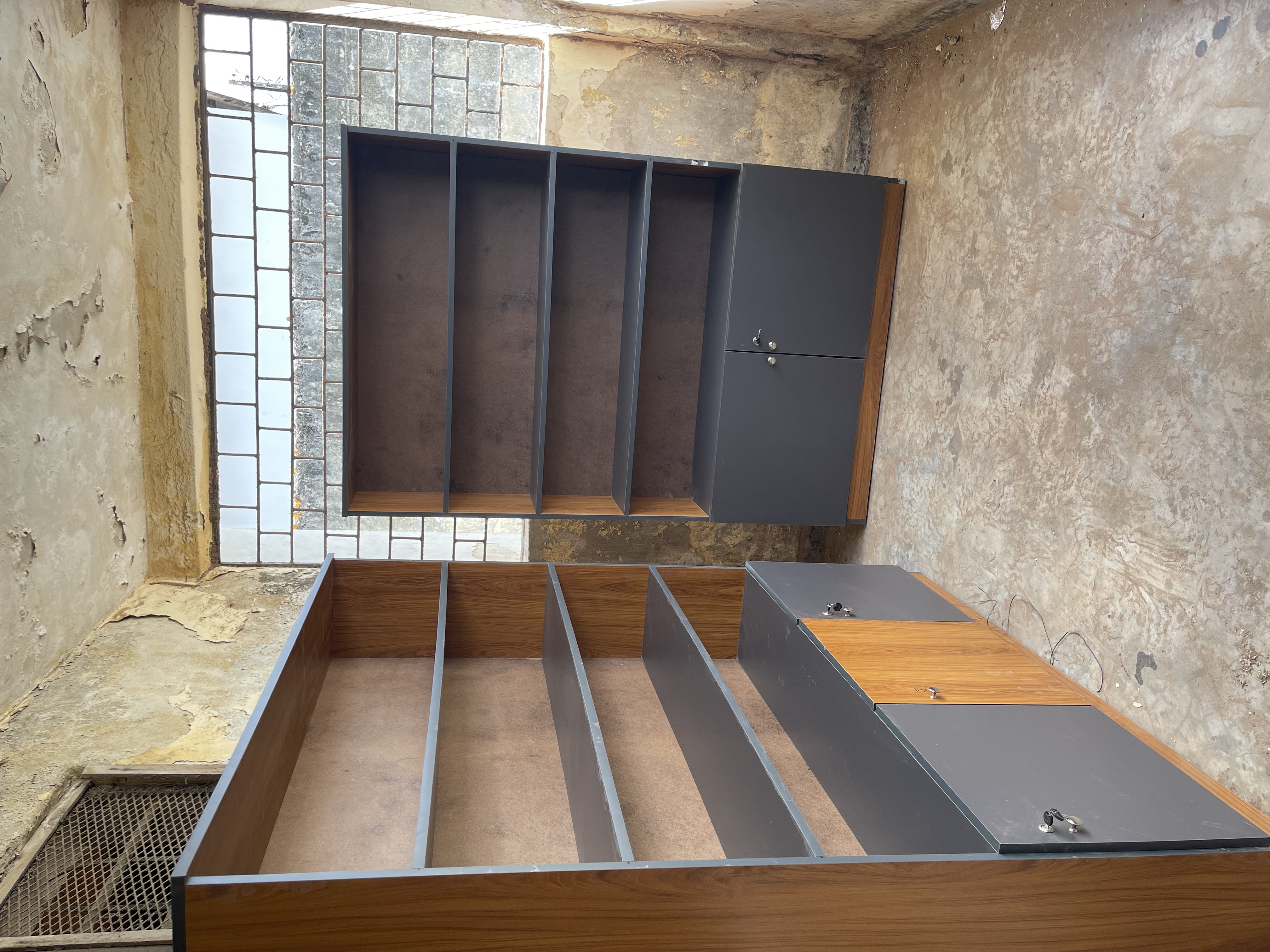 Wall-Mounted Wardrobe/Cabinet System - Walnut & Grey